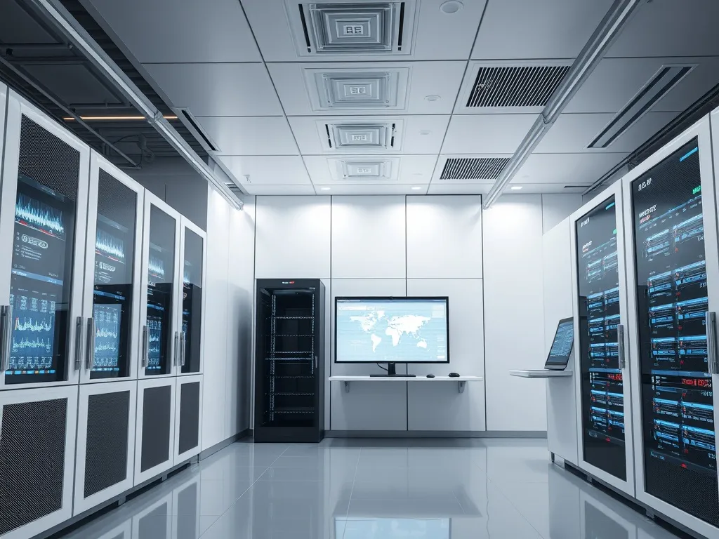 High-tech server room with clean white and gray aesthetic, d