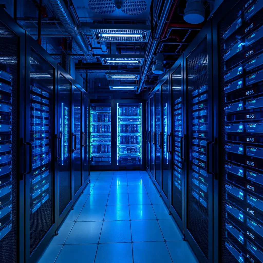 A high-tech server room with glowing blue and white lights,